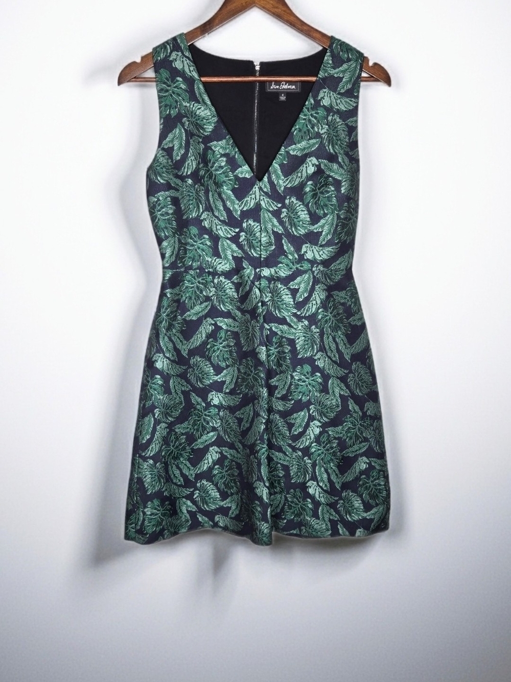 NWOT Sam Edelman Palm Leaf Monstera Jacquard V Neck Mini Dress W Front Pleat -4
